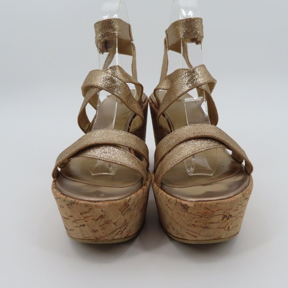 Stuart Weitzman Women 9M Gold Glitter Cork Platform Wedge Sandals Strappy Shoes - Picture 4 of 13